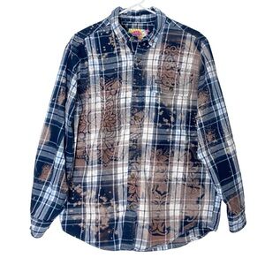 Upcycled Flannel Shirt Mens Size Medium Large Unisex Floral Plaid Handmade Blue